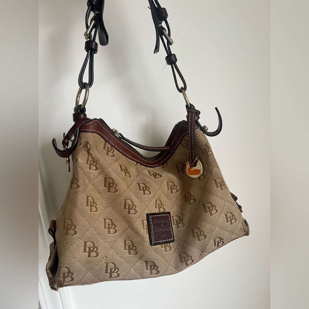 Dooney&Bourke Tan Cloth, Leather Logo Shoulder Bag.